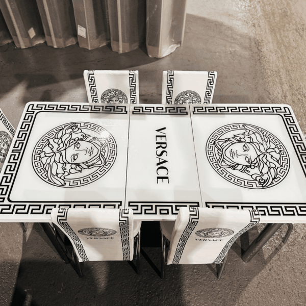White Versace Dining Table with Silver Legs